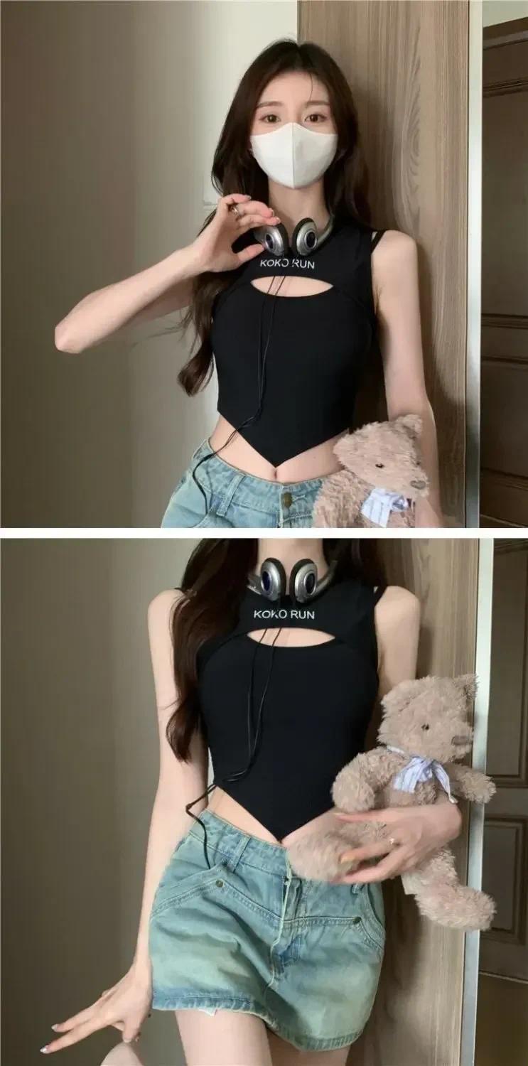 Product Introduction of 1pc Casual Crop Tops for Women Knitting Irregular Tops Hollow Out Camisole Women Fake Two Pieces Tank Tops with Bra Pad Womenswear Tube Lingerie Lady 11
