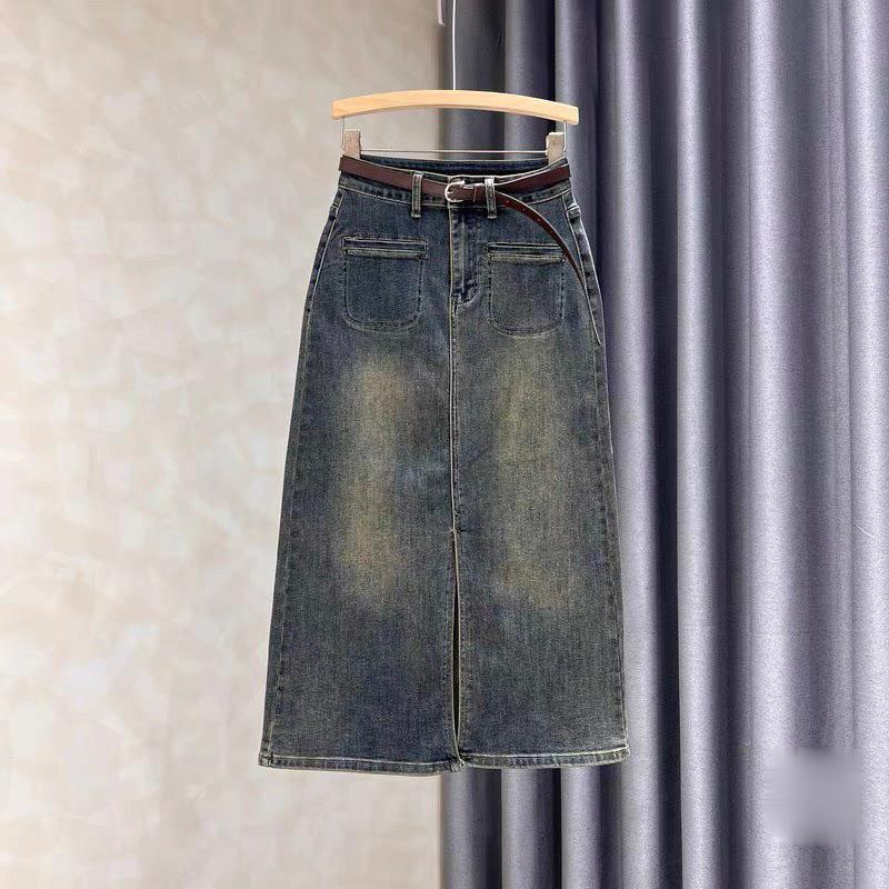 Chân váy jean dài dáng xẻ tà, chân váy bò túi cơi màu xanh rêu xẻ trước mẫu mới 2023