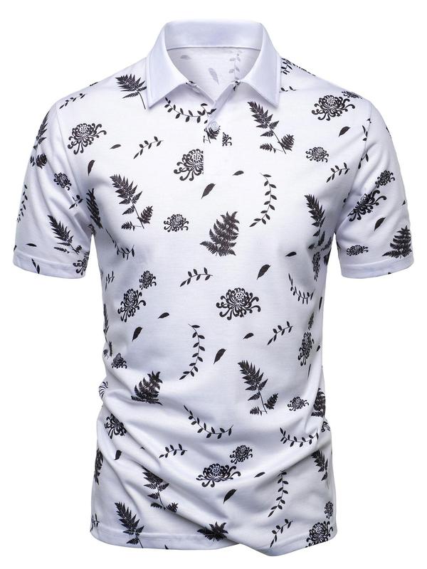 Men's Plants Print Short Sleeve Polo Shirt, Regular Fit Casual Button Front Polo Neck Top, Men's Clothes for Summer Daily Wear 3