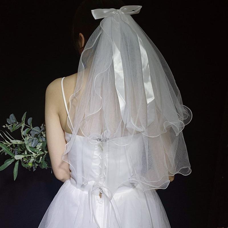 Elegant Wedding Accessories Short Simple Lace Edge Two Layer With Comb Bridal Veil Wedding Veil Women's Tulle 5