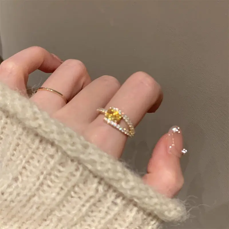 Shopkeeper Recommend! Light Luxury Yellow Cube Sugar Zircon Ring for Women Ins Niche Cross Design Exquisite Open Ring