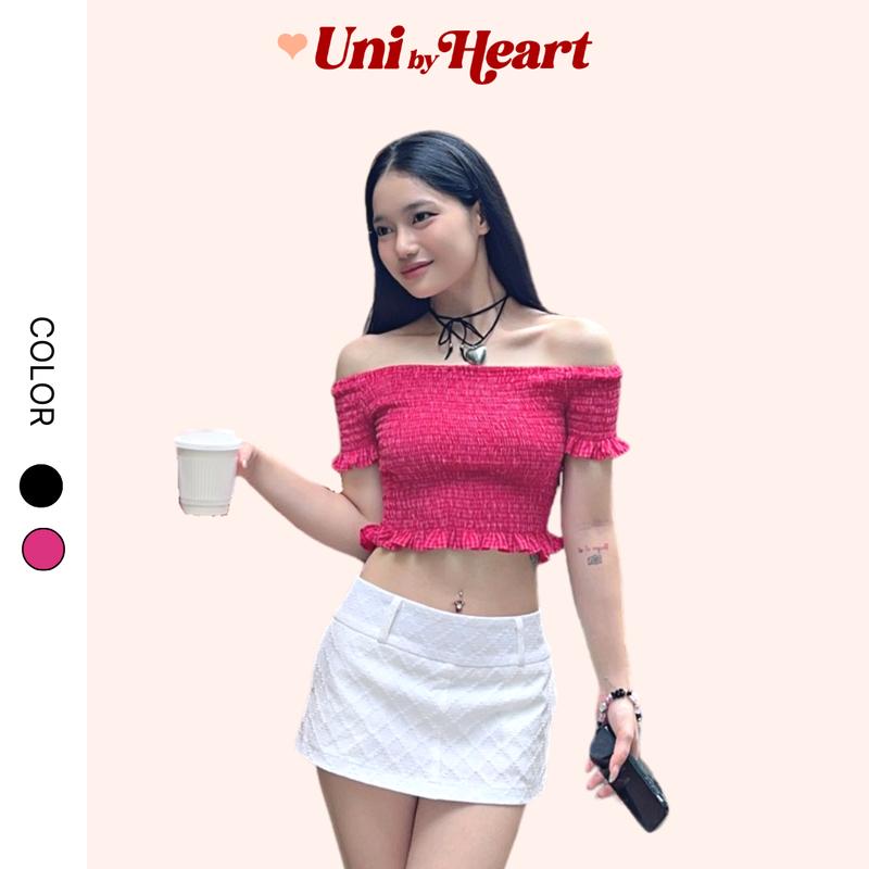 Áo croptop trễ vai thiết kế chun nhún Fika Top ATV04 vải kẻ caro mềm mại co giãn tay áo xòe cách điệu - Uni By Heart