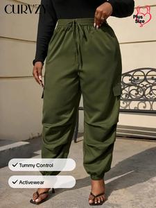 CURVZY Plus Size Autumn Aesthetic Solid Tie Front Pocket Cargo Pants, Casual Street High Waist Trousers for Women, Women's Bottoms for Summer & Autumn, Fall & Winter Clothes