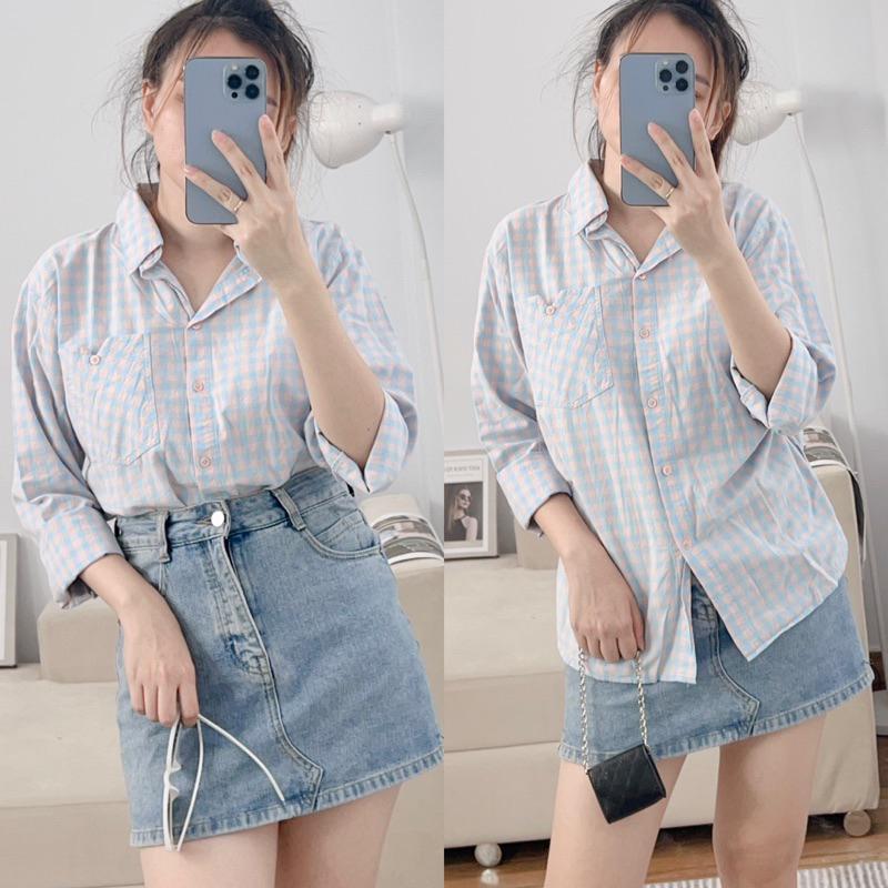 Product Introduction of Áo Sơ Mi Nữ Kẻ Karo Tay Dài Trẻ Trung Năng Động, Áo Sơ Mi Nữ Tay Dài Freesize Chất Cotton Bột Dày Dặn 30