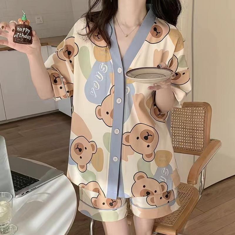 (TRI ÂN) Bộ ngủ nữ mùa hè cổ V LUNA chất cotton bông, mềm, êm nhẹ, bộ pijama pyjama mặc nhà Women Quần Ngủ