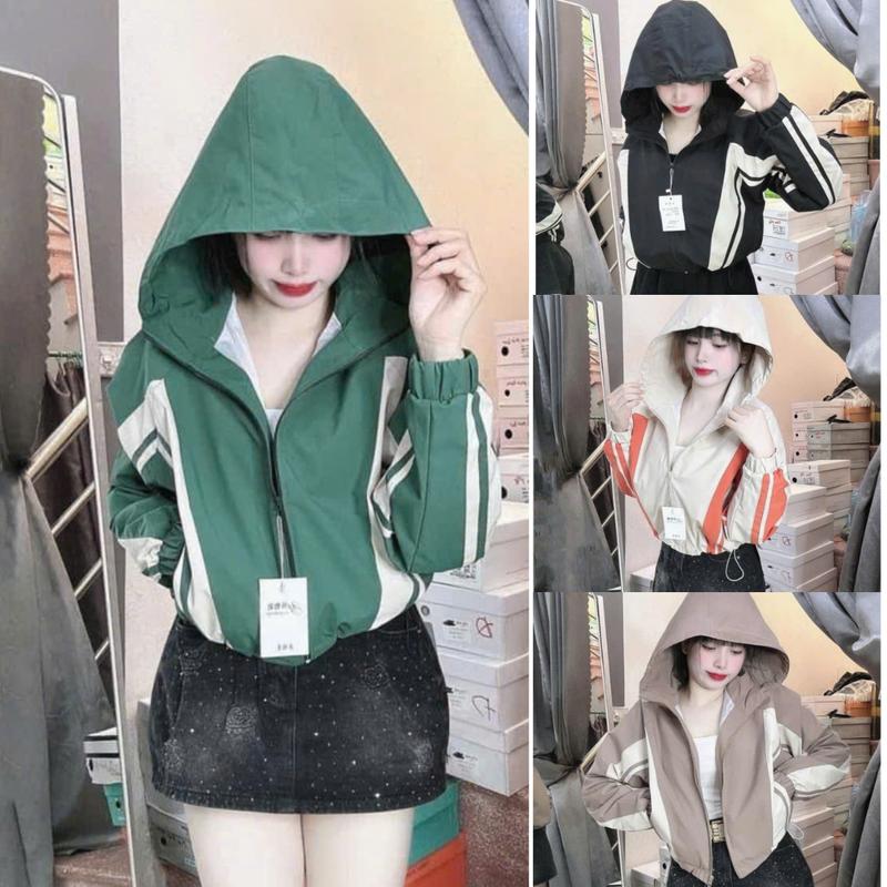 Áo khoác gió nữ hai lớp dày dặn có mũ khóa kéo dáng lửng freesize dưới 55kg áo gió phối hai màu aos weaternu