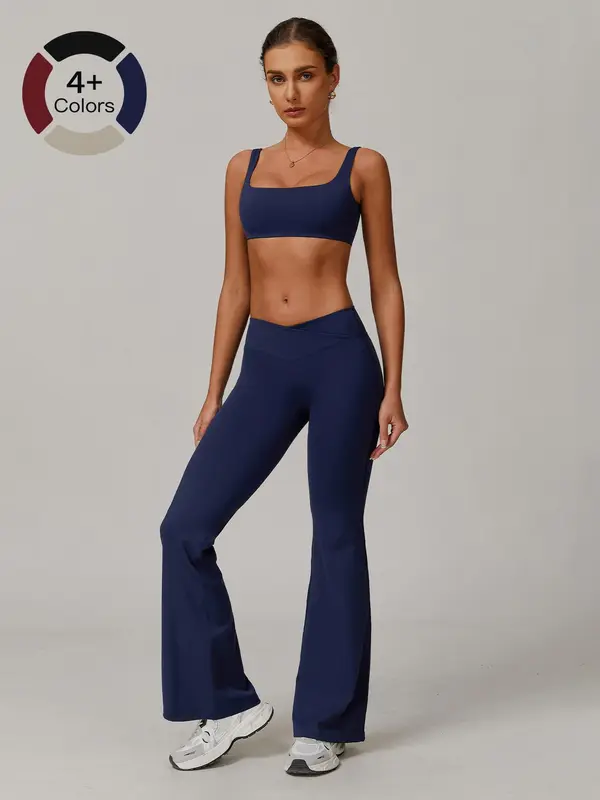 Women's Solid Backless  Crop Sports Bra & Flare Leg Pants Sports Set, Casual Comfy Breathable Two-piece Outfits for Yoga Gym Workout Running, Ladies Sportswear for All Seasons, Activewear, Athletic Tracksuit 6