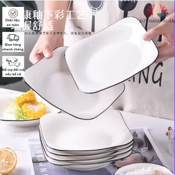 Đĩa vuông sứ trắng nông lòng tráng men cao cấp phong cách cổ điển flexplate 0