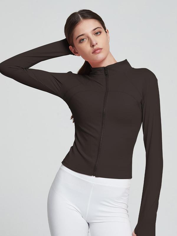 Women's Solid Zip Up Drop Shoulder Sports Jacket with Thumb Hole Design, Quick Drying Breathable Stand Collar Sports Outerwear for Yoga Gym Workout Running, Ladies Sportswear for All Seasons 0