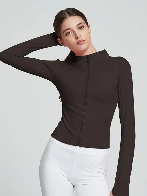 Women's Solid Zip Up Drop Shoulder Sports Jacket with Thumb Hole Design, Quick Drying Breathable Stand Collar Sports Outerwear for Yoga Gym Workout Running, Ladies Sportswear for All Seasons 0