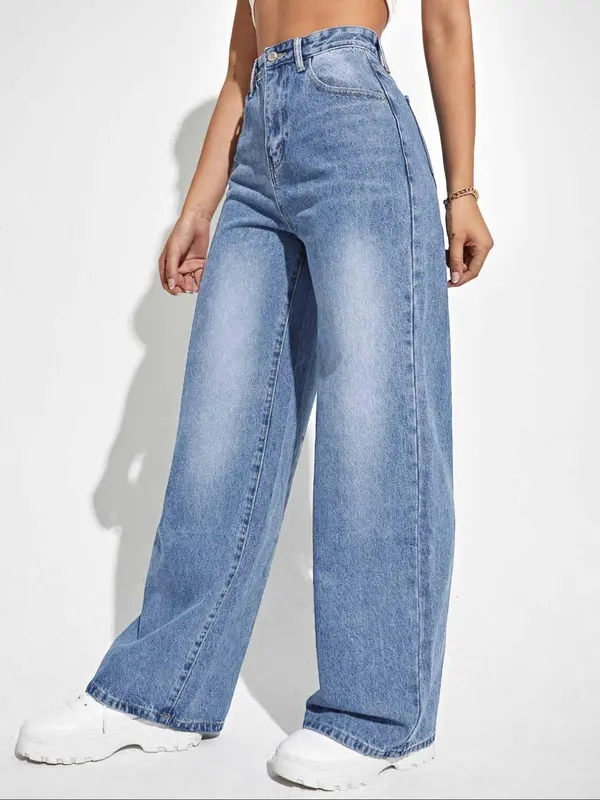 Women's Plain Straight Leg Jeans, Casual Comfy Denim Jeans for Daily Wear, Ladies Baggy Bottoms for All Seasons, Womenswear, Loose Pants, Relaxed Fit Jeans, Streetwear 1