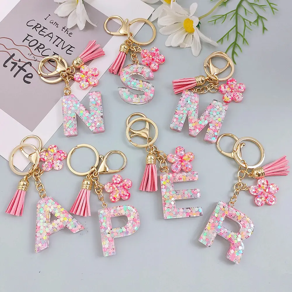 Cute Flower Pendant A-Z Letter Keyrings Fashion Tassel Alphabet Keychain Car Trinket Bag Ornament Key Holder Gift Souvenir