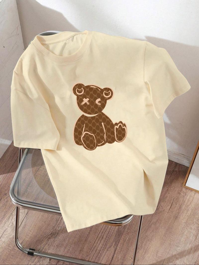 Product Introduction of Women's Cartoon Bear Print Round Neck Tee, Fashion Casual Short Sleeve T-shirt, Ladies Summer Clothes for Daily Wear 7