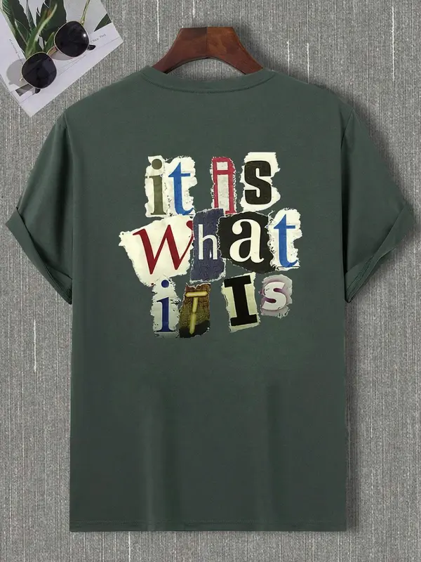 Men's Letter Print Round Neck Tee, Regular Fit Casual Drop Shoulder Short Sleeve T-shirt for Summer,  Graphic Tees, Men's Summer Clothes for Daily Wear 8