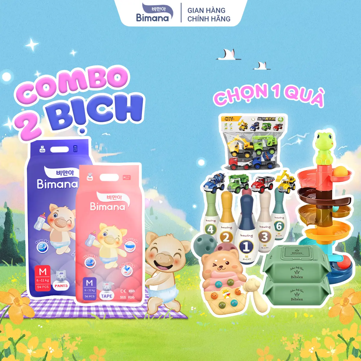 [TẶNG 1 QUÀ] COMBO 2 bịch Tã bỉm Bimana Hàn Quốc thấm hút tốt, mỏng thoáng và an toàn cho bé