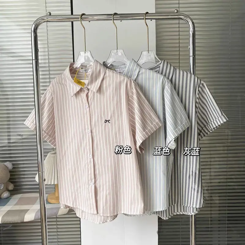 áo sơ mi kẻ sọc nữ cộc tay thêu nơ thanhuyen clothing , áo sơ mi nữ cộc tay thêu nơ kiểu dáng hàn quốc (A142) 6