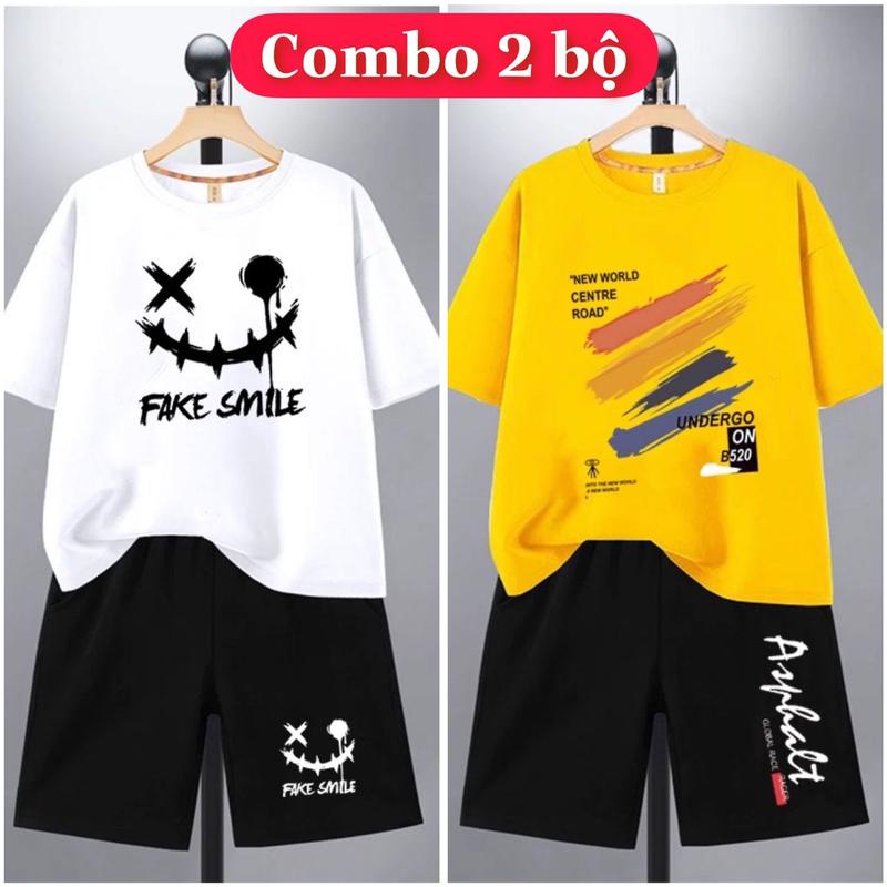 Combo 2 Bộ quần áo bé trai mùa hè size đại từ 17 đến 40kg, chất thun lạnh co giãn, mềm mát, phong cách Hàn Quốc cho bé trai từ 5 đến 14 tuổi. (Mã 40 mặt cười + 42 ba cào)