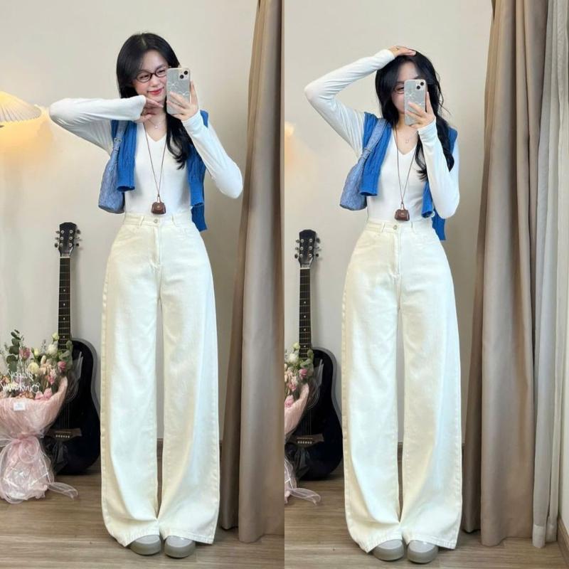 Quần jeans bò màu kem ống suông rộng phong cách Hàn Quốc 4
