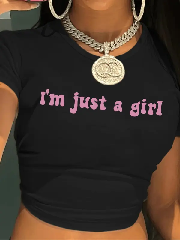 Women's "I'M JUST A GIRL" Print Round Neck Crop Tee, Casual Short Sleeve Crew Neck T-shirt for Summer, Fashion Women's Top for Daily Wear 0