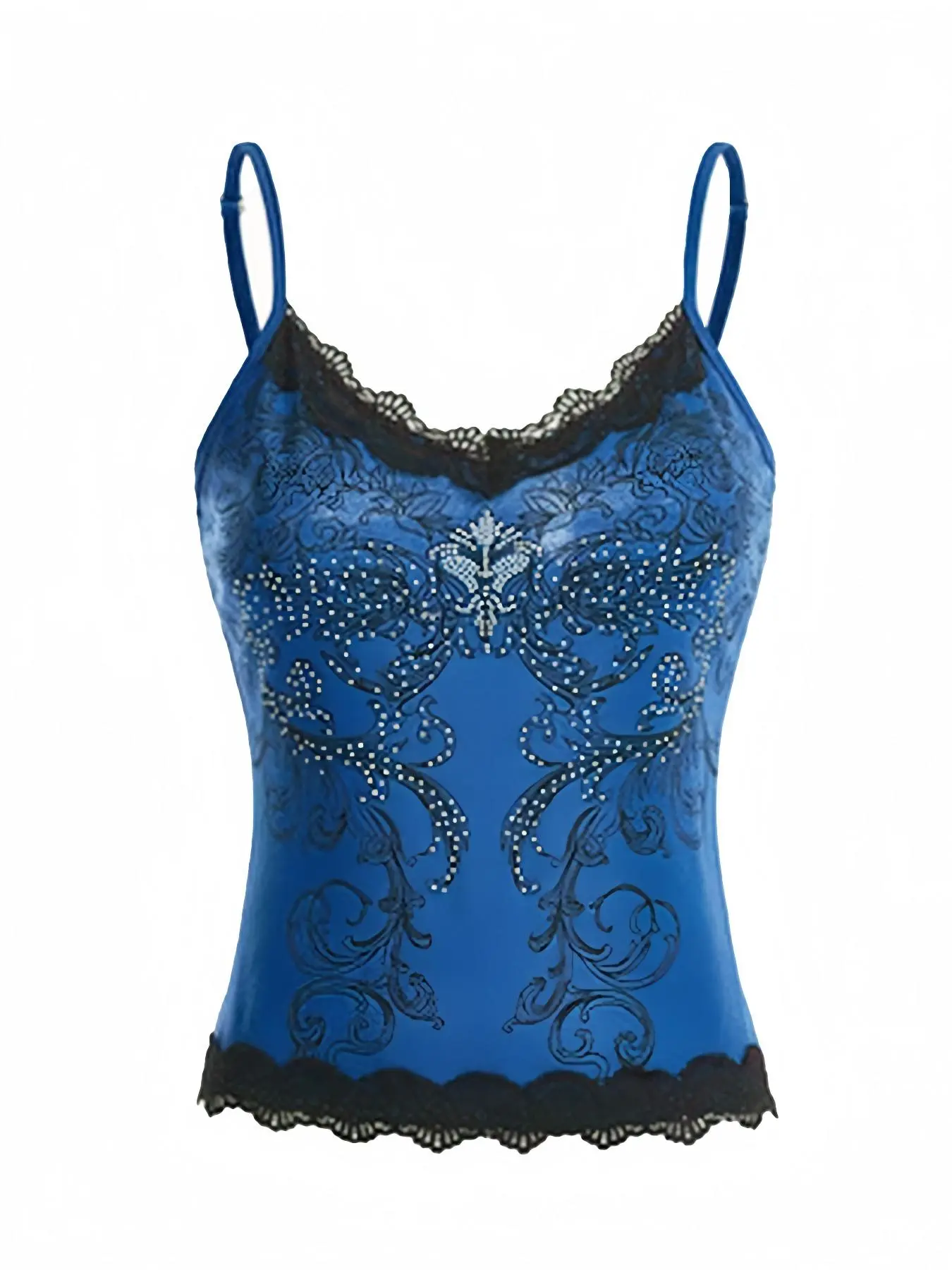 Christmas Gift Women's Floral & Plants Print Rhinestone Decor Cami Top, Y2K Elegant Contrast Lace Adjustable Spaghetti Strap Top, Women's Summer Top for Daily Wear