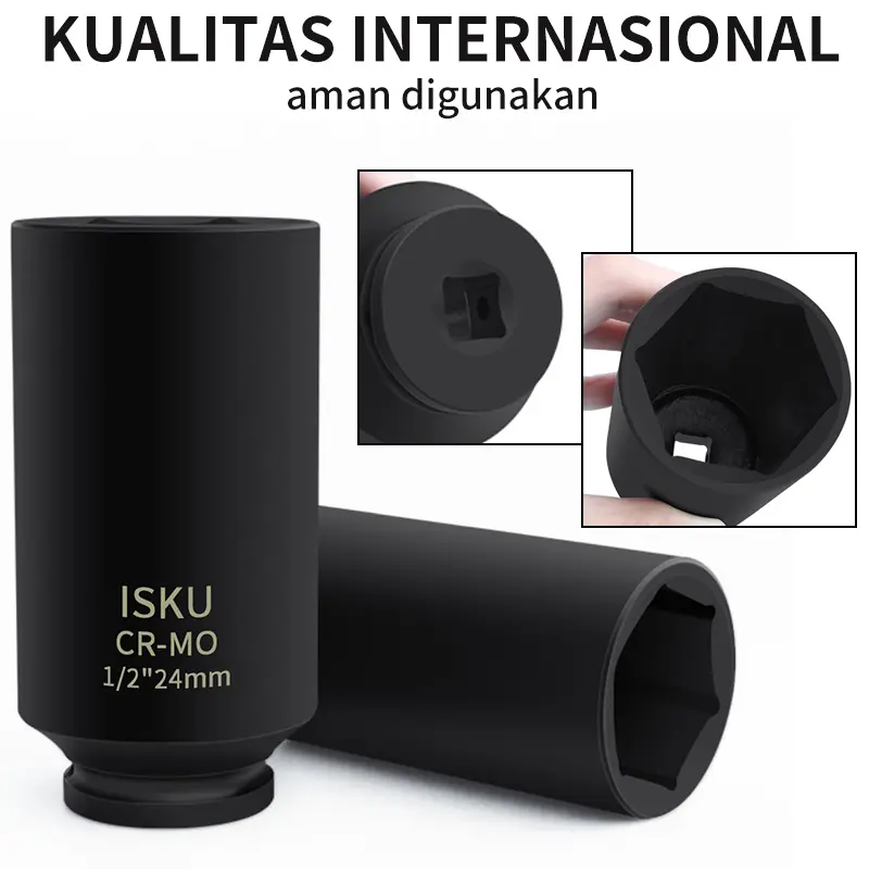 【ISKU】Socket Extention Impact 10pcs Bahan Cr-Mo Panjang Mata Sock Impact 1/2‘’ 6pt 10-24mm Kunci Mata Shock Impact 3