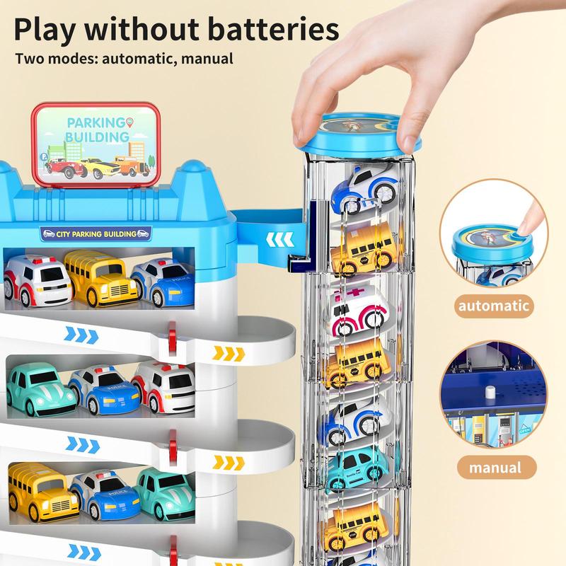 Car Parking Game Set, Garage Track with Elevator & 4 Car Set, City Parking Building Toy For Kids 7