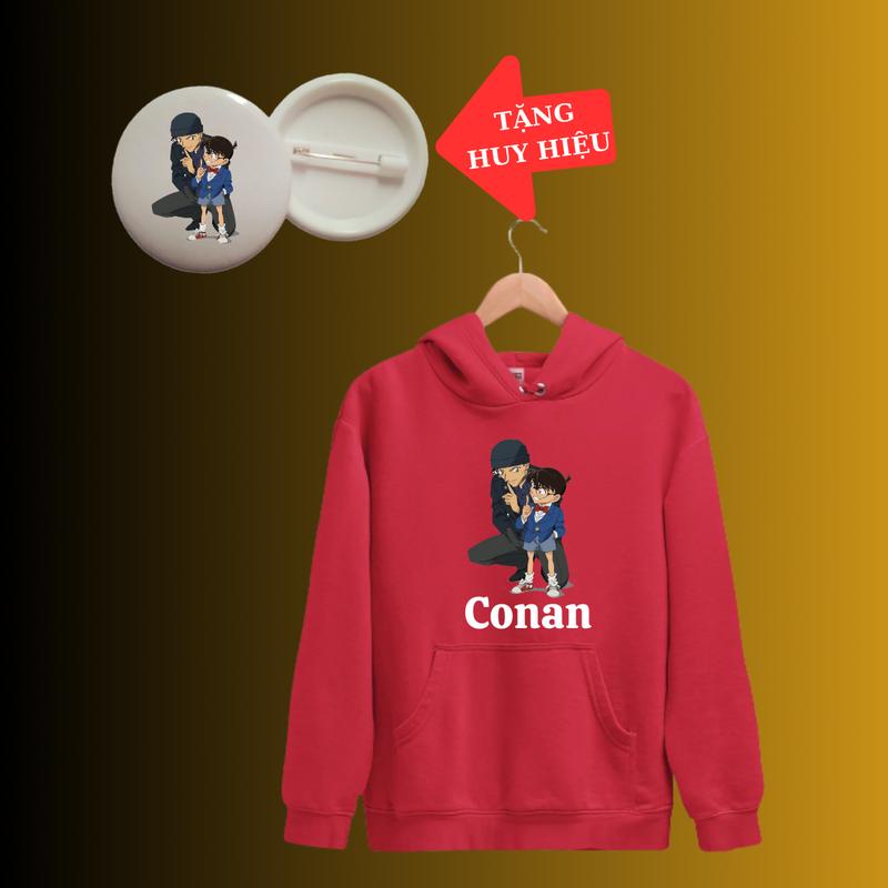 Áo Khoác Hoodie in hình Conan thám tử lừng danh dài tay thu đông trẻ em, màu trắng, vải nỉ có mũ-Kèm huy hiệu 2