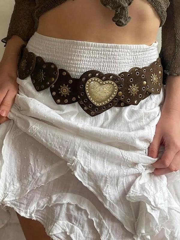 Women's Boho Style Heart Design Pu Buckle Belt, Vintage Ethnic Pattern Decorative Belt for Women, Daily Clothing Decor, Trendy All-match & Exquisite Belt for Birthday Gift 2