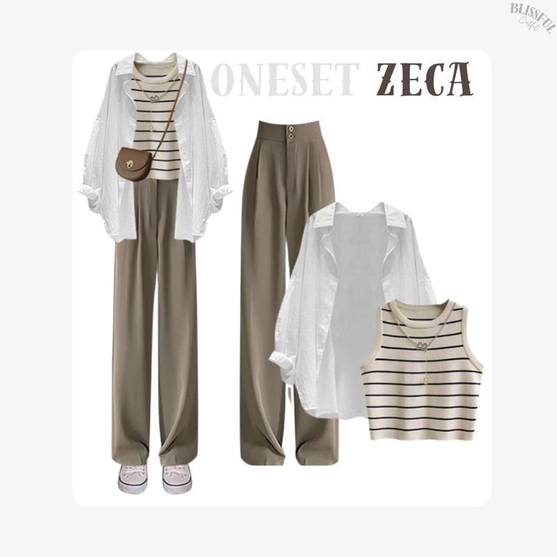 RAMADHAN SALE Zeca Oneset Outfit Wanita, Kemeja Oversize, Inner Top Wanita, Celana Kulot Wanita, OOTD Korean Baju Katun Loose Panjang 4