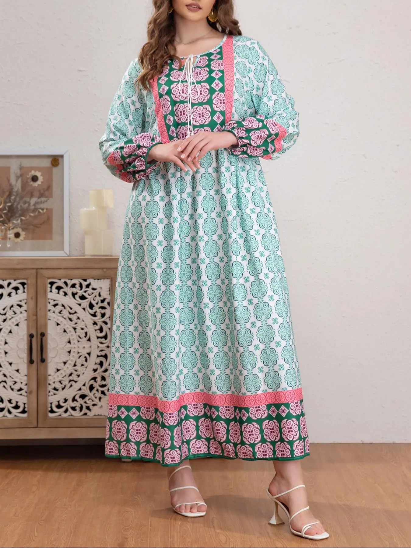 Plus Vintage Floral Print Fringe Trim Drawstring Smock Dress, Elegant Ethnic Pattern Bishop Sleeve Round Neck Long Sleeve Dress for Prom Wedding Guest Birthday, Women Plus Clothing for Spring & Autumn