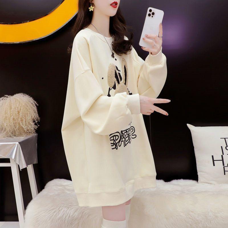 Product Introduction of Mid-Length Hoodie with Fleece 2024 Autumn Winter New Rabbit Print Loose Slimming Round Neck Casual Top Trendy Fasciitis 25