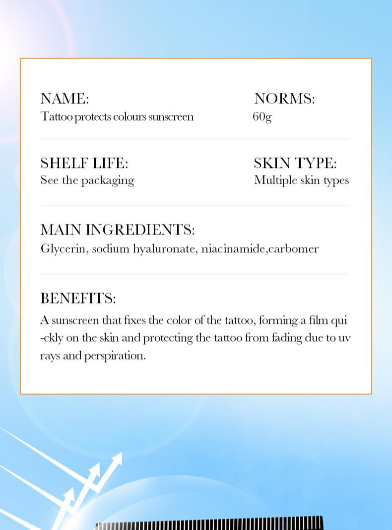 Product Introduction of 60g Tattoo Protects Colors Sunscreen SPF30+ PA+++ Protecting Tattoo Skins Full Spectrum Protection Soothing Moisturize Ultraviolet-Proof  Waterproof Body Care 9