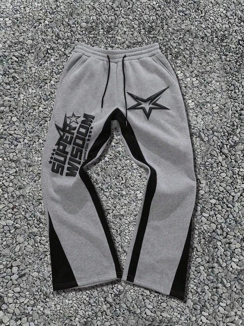 Product Introduction of Men's Colorblock Star & Letter Print Drawstring Waist Pants, Regular Fit Street Fashion Pocket Trousers for Fall & Winter, Men's Bottoms for Daily Wear 1