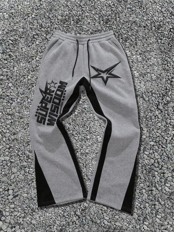 Men's Colorblock Star & Letter Print Drawstring Waist Pants, Regular Fit Street Fashion Pocket Trousers for Fall & Winter, Men's Bottoms for Daily Wear 0