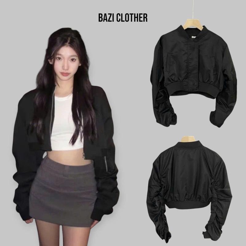Áo Khoác Dù Nữ Cổ Bomber 2 Lớp Form Croptop Phối Tay Nhún Mẫu Mới Jacket Jean