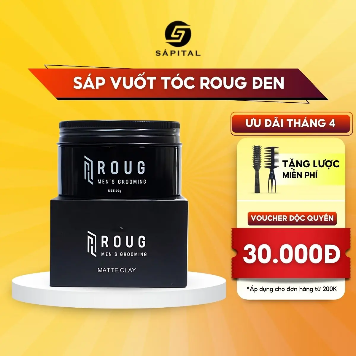 Sáp Vuốt Tóc Roug Men's Grooming Matte Clay - Sáp Roug Đen 90g Dành Cho Tóc Mỏng Khả Năng Giữ Nếp Cao 24h, Kiểm Soát Mồ Hôi Dầu Thừa - Tặng Kèm Lược Roug