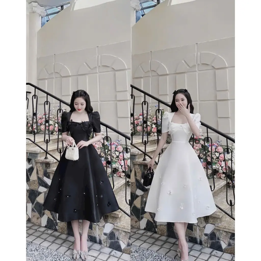 Đầm nữ thời trang mặc đi tiệc , sang trọng quý phái chất tapta áo ngắn tay phồng đính hoa đầm dài xòe