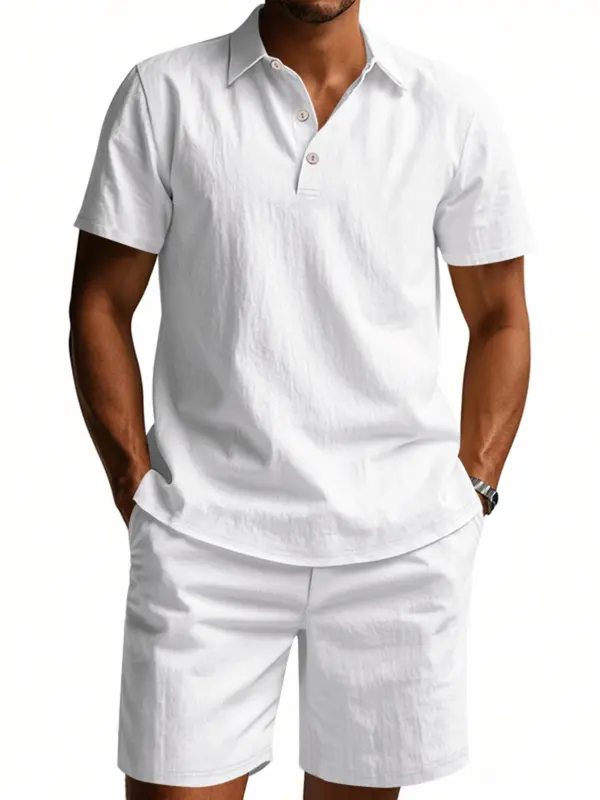 Two-Piece Set Men's Solid Short Sleeve Polo Shirt & Shorts, Regular Fit Casual Fashion Cozy Breathable Men Two-piece for Summer, Men's Clothes for Daily Wear 3