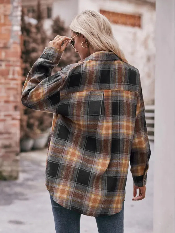 Women's Tartan Print Button Front Pocket Shirt, Casual Drop Shoulder Long Sleeve Top for Fall & Winter, Women's Clothes for Daily Wear 8
