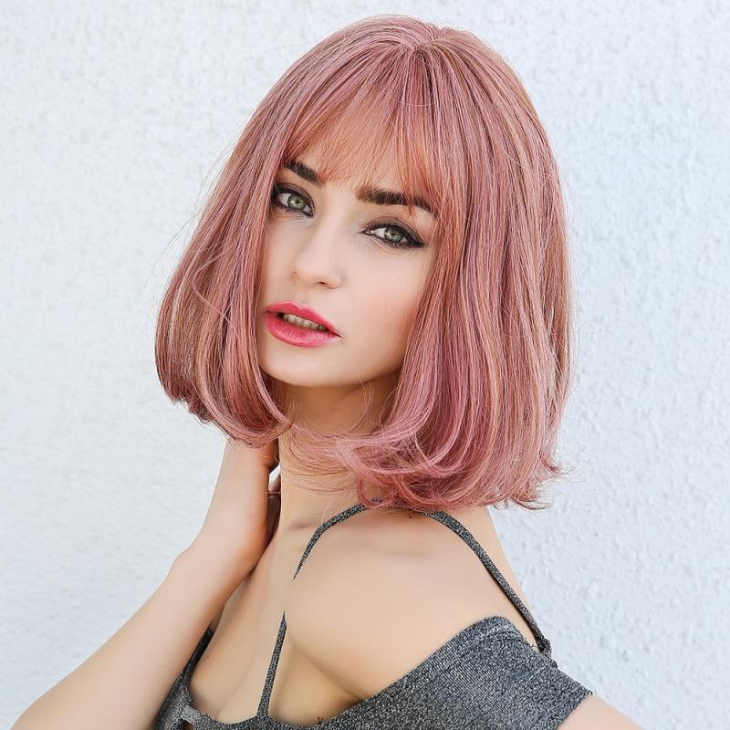 Product Introduction of Dark brown Short Bob hair wigs with bangs Synthetic wig 6