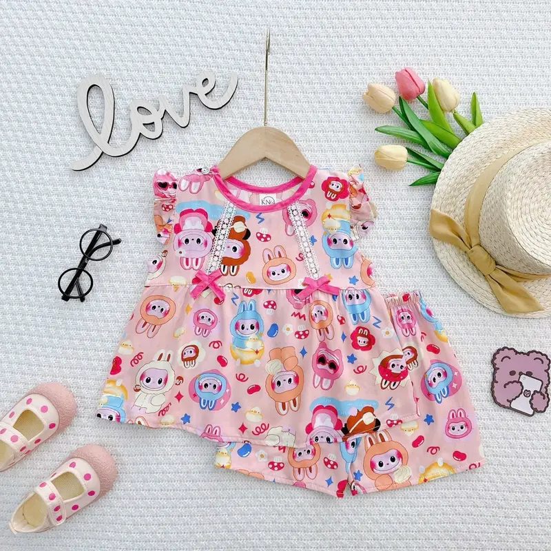TL28 - Đồ Bộ Tole Lanh Áo Cánh Tiên Quần Ngắn Size 9-37kg Hoạ Tiết Dễ Thương 0