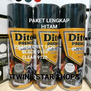 Diton Premium Paket Lengkap 3 Kaleng 400cc Paketan Hitam Glossy Mengkilap 9109 Primer Grey Epoxy 9120 Clear Glossy 9128 Pilox Pilok Cat Semprot Spray Paint