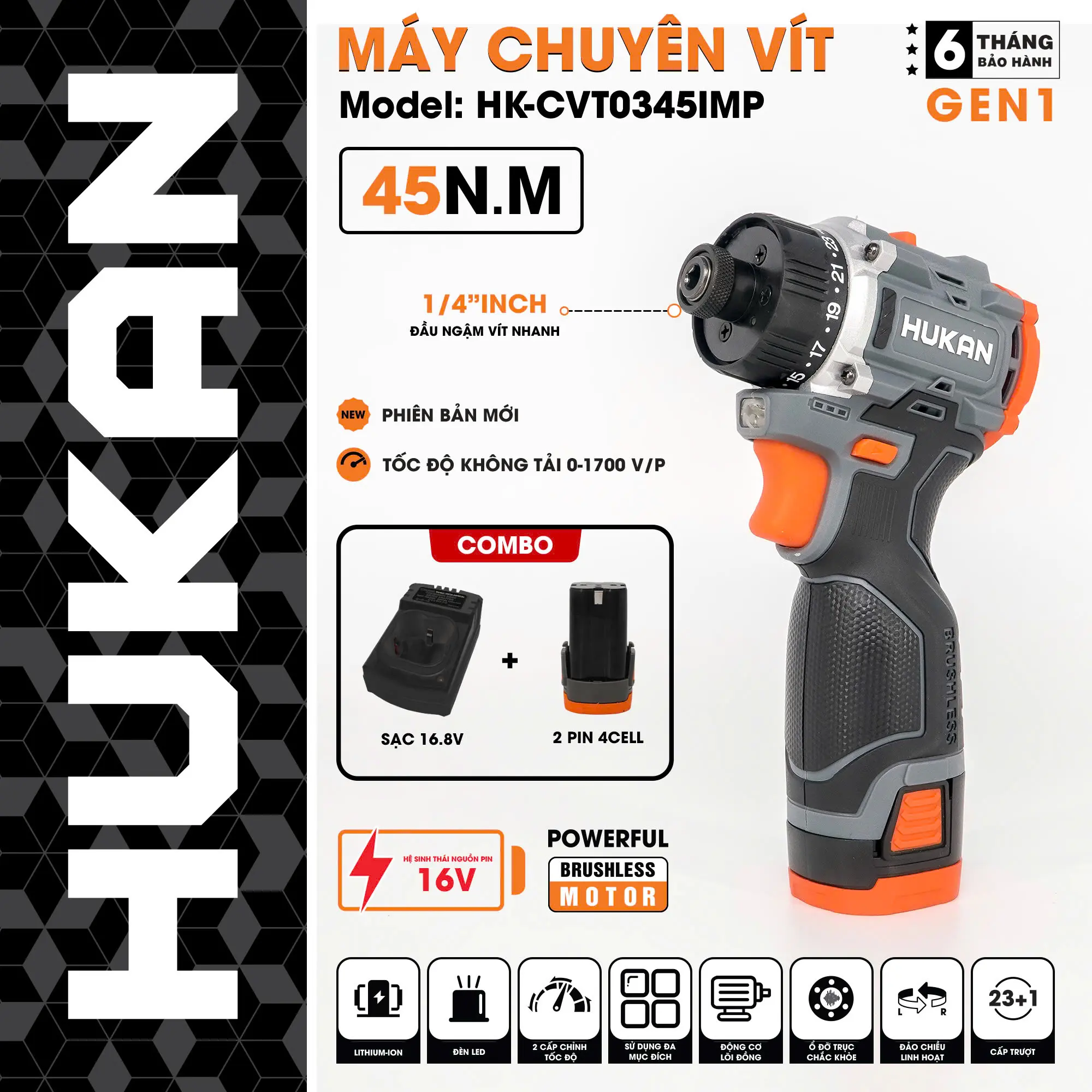 Máy Vít Cấp Trượt Hukan Model 0345IMP - 16.8V 1500mAh-5C, 45N.m, Động Cơ Không Chổi Than