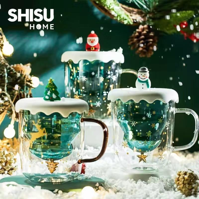 SG Ready Stock Double-layer Anti-Scald Christmas Cup with Lid High Borosilicate Glass Coffee Cup 7