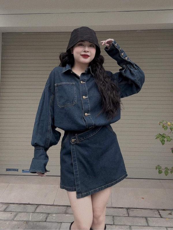 Set Jean bò denim áo sơ mi tay xòe + Quần giả váy vạt chéo có BIGSIZE - Top set Jean cho Nữ