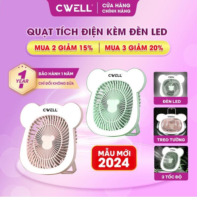Quạt tích điện 3 tốc độ gió CWELL kèm dải 25 đèn LED, quạt để bàn tai gấu cực mát tiện lợi treo tường, đầu giường ngủ - TẶNG CÁP SẠC USB Mobile