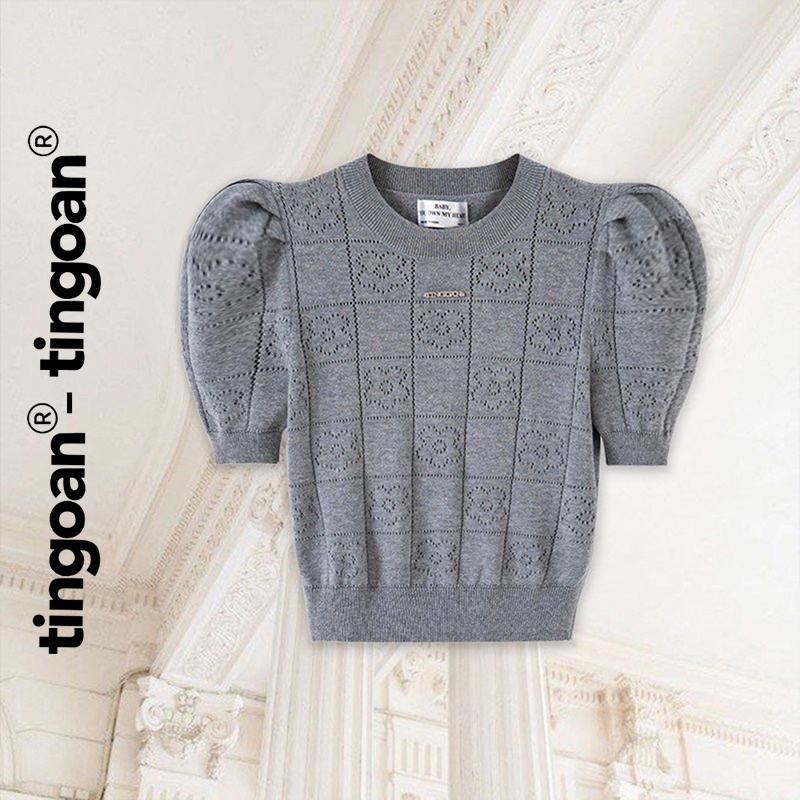 TINGOAN - Áo len siêu mỏng xám có logo TINGOAN ngắn tay cổ tròn vân hoa  FLOWER TOP/GR phiên bản mới  T9/2024