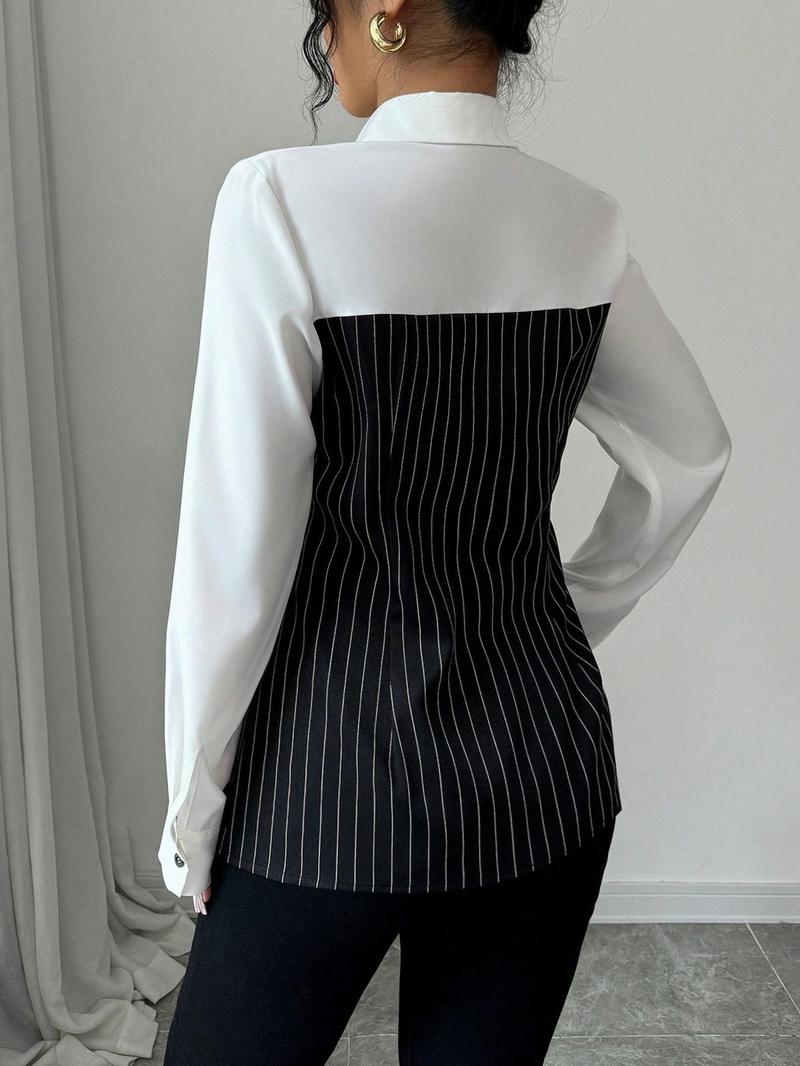 Product Introduction of 【Plus Size】 Striped Print Collar Shirt, Casual Long Sleeve Top for Spring & Fall, Women's Clothes for Daily Wear 2