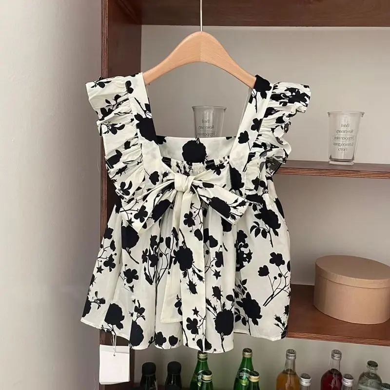 Women Square Neck Floral  Shirts Blouse Tops  Lady Back Bow Sleeveless Top