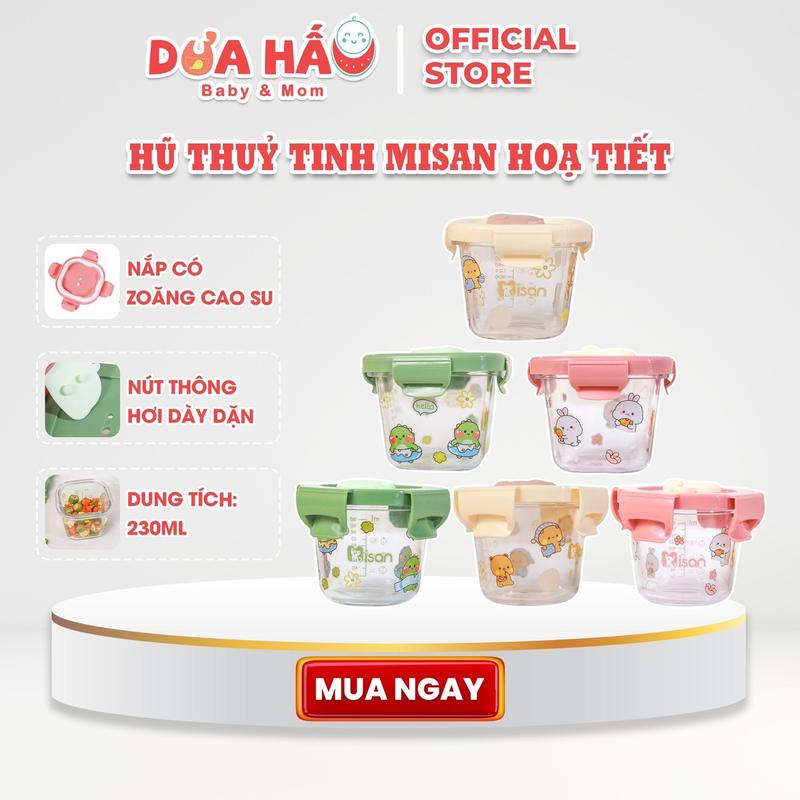 Hũ Trữ Thuỷ Tinh Lock 230ml Misan Có Nắp Đậy Thông Hơi, Chia Vạch, Hoạ Tiết Nghộ Nghĩnh